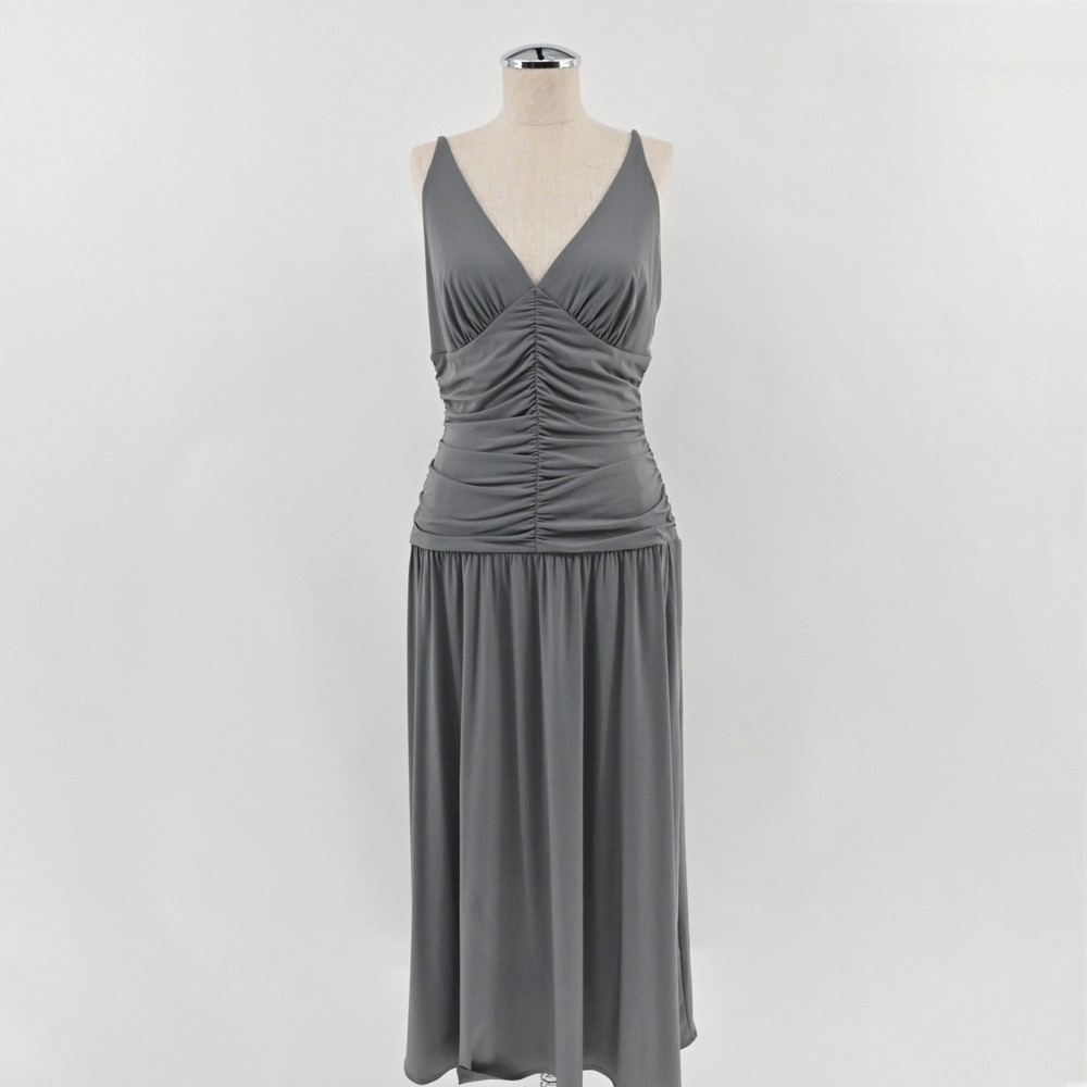 Aritzia Ten Enhance Midi Dress Womens Size M Gray Ruched Sleeveless Stretch